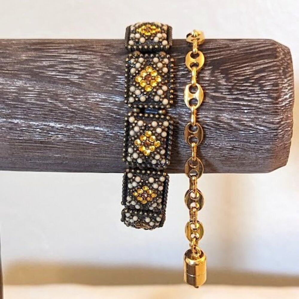 Bronze Rhinestone Beaded Stretch and Gold Tone Magnet Closure Chain Bracelets